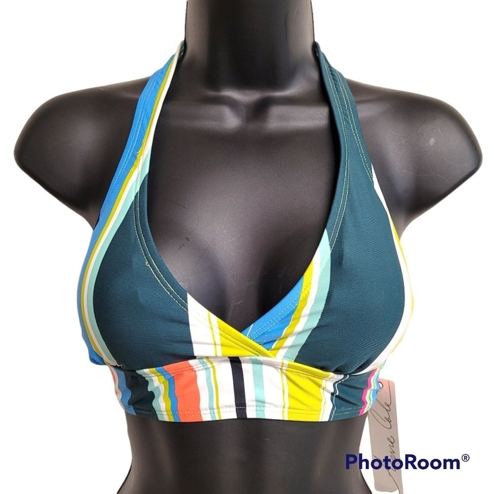 Anne Cole Green Multicolor Striped Halter Neck Bikini‎ Top Women's Size XS